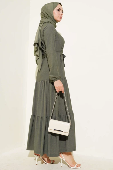Kat Kat Bürümcük Kuşaklı Elbise Haki - Resim 3