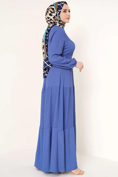 Kat Kat Bürümcük Kuşaklı Elbise İndigo - Resim 3