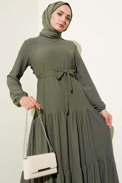 Kat Kat Bürümcük Kuşaklı Elbise Haki - Resim 2