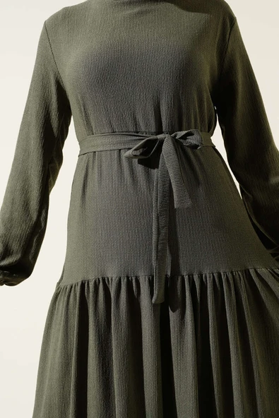 Kat Kat Bürümcük Kuşaklı Elbise Haki - Resim 4