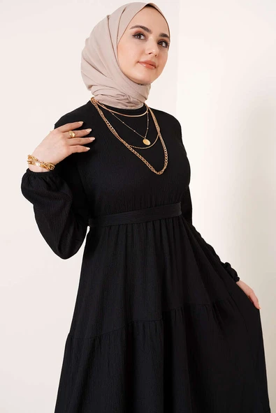 Kat Kat Bürümcük Kuşaklı Elbise Siyah - 2