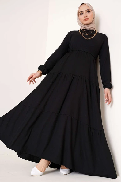 Kat Kat Bürümcük Kuşaklı Elbise Siyah