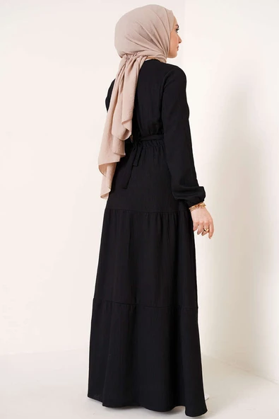 Kat Kat Bürümcük Kuşaklı Elbise Siyah - 3