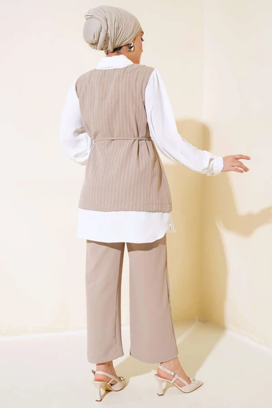Gömlek Garnili Tünelli Çizgili Takım Bej - Resim 3