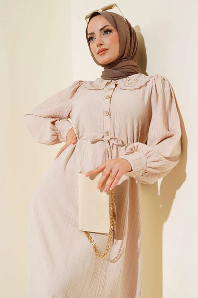 Yaka Dantelli Bel Tünelli Elbise Bej - Resim 2