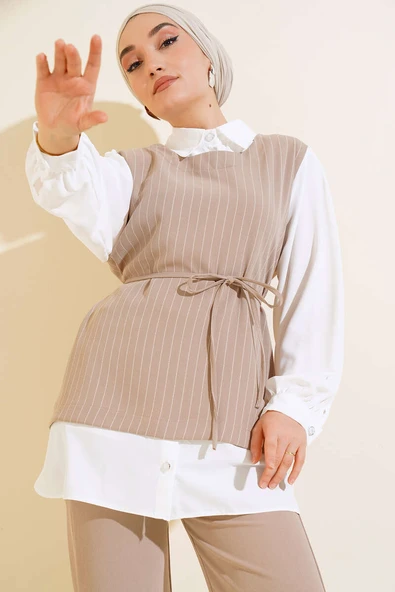 Gömlek Garnili Tünelli Çizgili Takım Bej - Resim 2