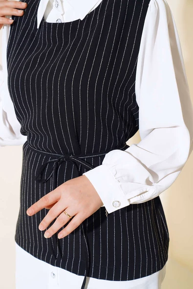 Gömlek Garnili Kuşaklı Çizgili Takım Siyah - Resim 4