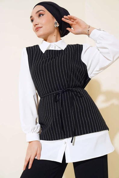 Gömlek Garnili Kuşaklı Çizgili Takım Siyah - Resim 2