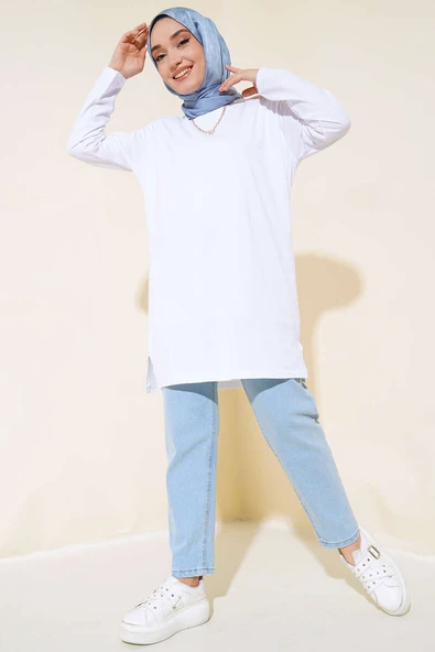 Uzun Kol Basic Tunik Beyaz - 2