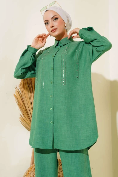 Taşlı Ve Pullu Keten İkili Takım Yeşil - Resim 2