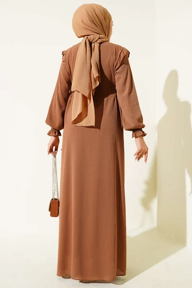 Kolları Parlak Pullu Elbise Vizon - Resim 3