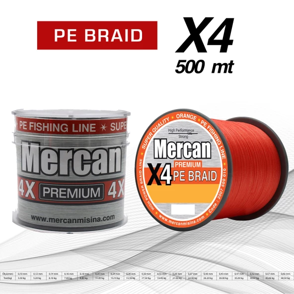 Mercan Premium X4 PE Örgü Turuncu Renk İp 500m Bobin Misina