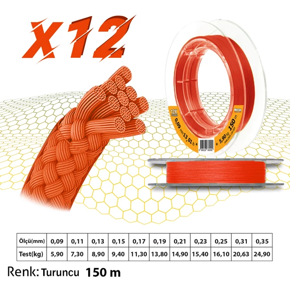 Mercan Pe Örgü Platinum X12 Turuncu İp 150m Makara Misina - 12