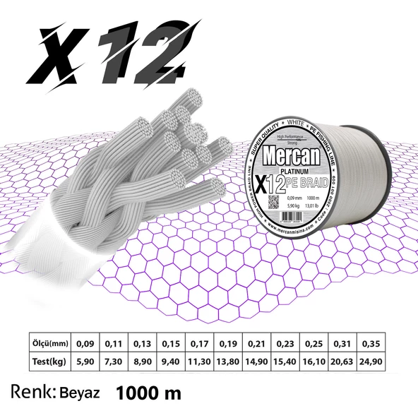 Mercan Pe Örgü Platinum X12 Beyaz İp 1000m Makara Misina - 12