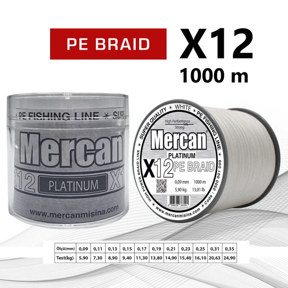 Mercan Pe Örgü Platinum X12 Beyaz İp 1000m Makara Misina