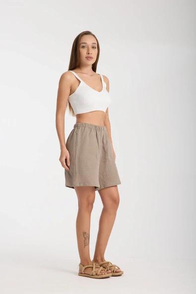 Kadın Çift Kat Müslin Şort Cepli Model - 8