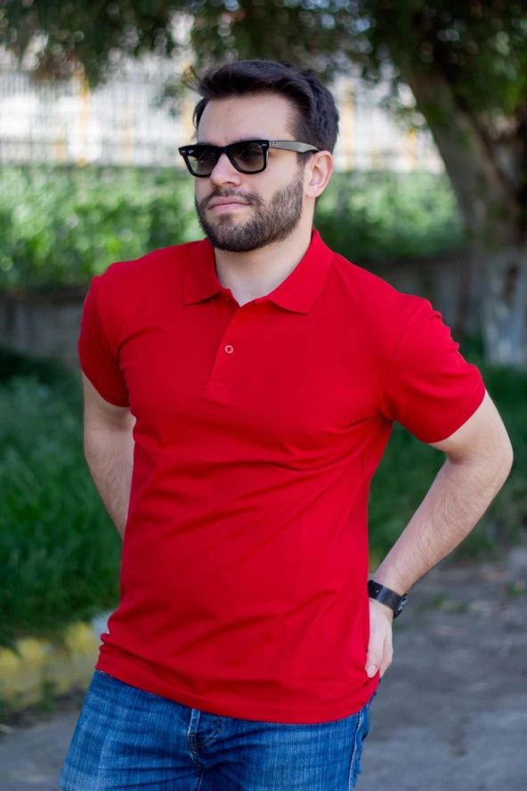 Erkek Kırmızı Rahat %100 Pamuk Ribana Kol Polo Yaka T-Shirt 24EPLYPOPE
