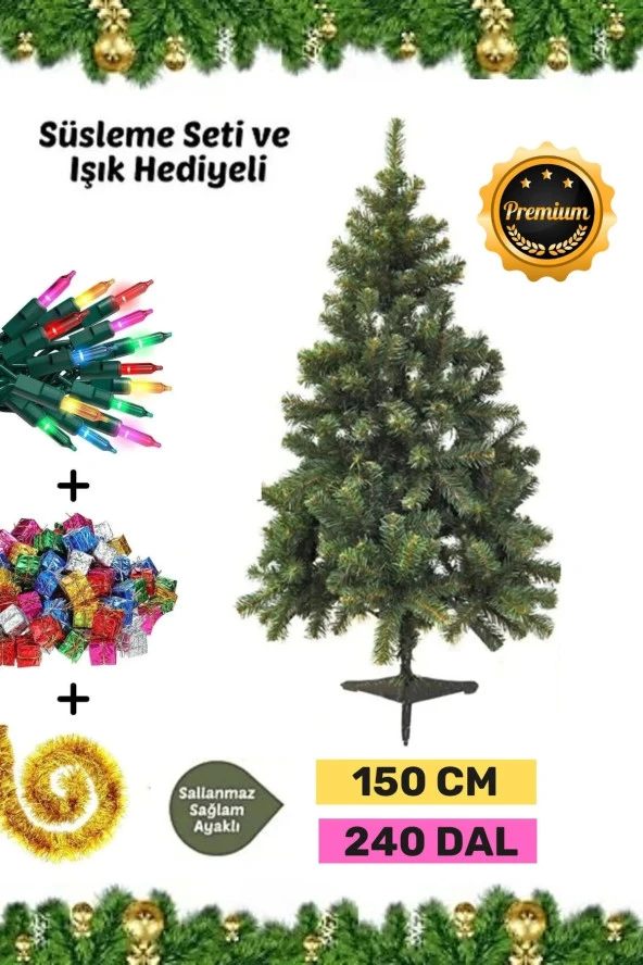 Premium Kutu Süsleme Seti Yılbaşı Çam Ağacı Renkli Işığı Yeni Yıl Süsleri Noel Paketi 150 Cm 240 Dal
