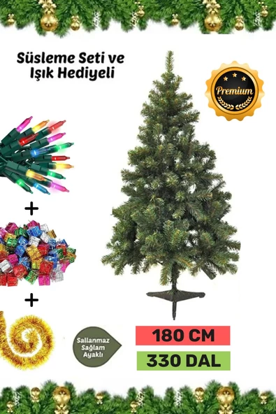 Premium Kutu Süsleme Seti Yılbaşı Çam Ağacı Renkli Işığı Yeni Yıl Süsleri Noel Paketi 180 Cm 330 Dal ürün görseli