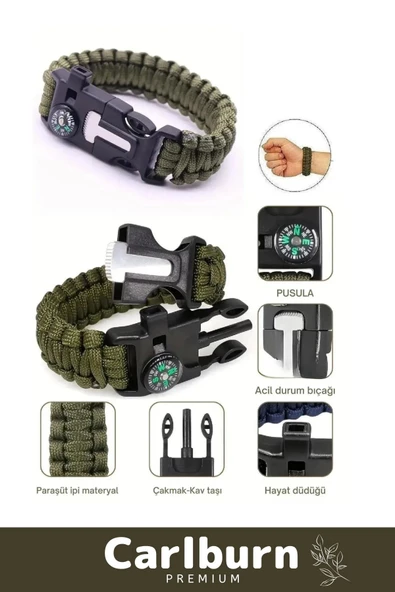 Premium Kiti Düdük Çakı Pusula Çakmaktaşı Paraşüt İpi Rahat Çok Amaçlı Hayatta Kalma Bilekliği - 4