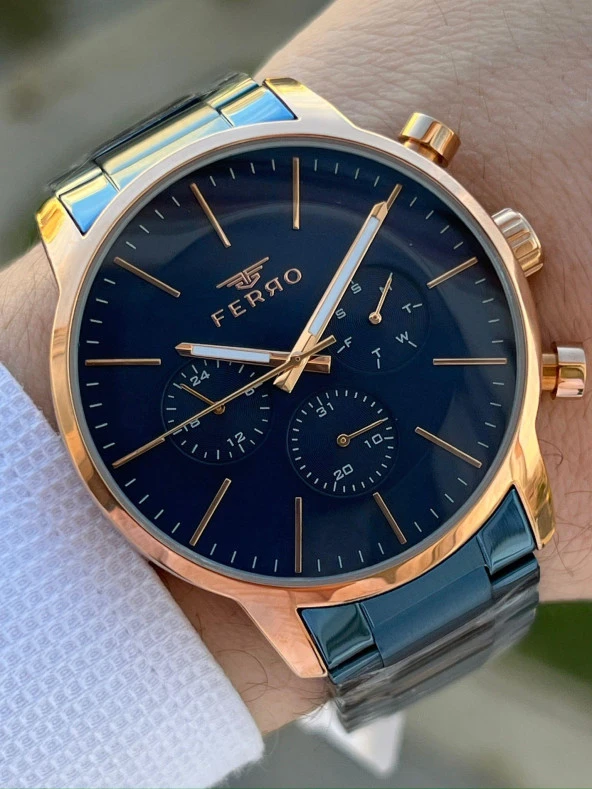 Ferro Çelik Kordon İç Fonksiyonları Aktif Takvimli 30 Mt Su Geçirmez Erkek Kol Saat EFM1774-T ürün görseli