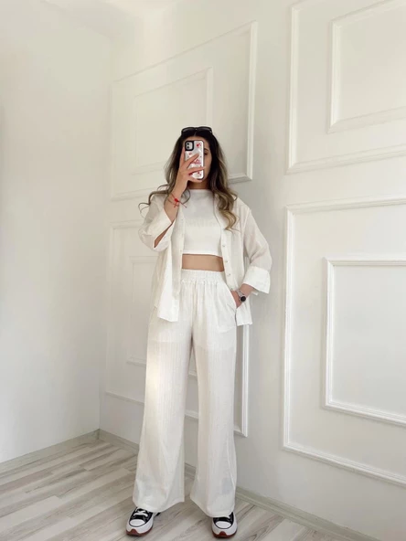 Kadın Krinkıl Kumaş Pantolon Ekru - Resim 4