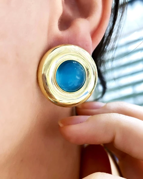 Yuvarlak Geometrik Çokgen Gümüş Küpe | Büyük taşlı küpeler | gümüş Minimalist Küpe - 3