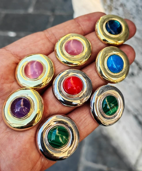 Yuvarlak Geometrik Çokgen Gümüş Küpe | Büyük taşlı küpeler | gümüş Minimalist Küpe - 2