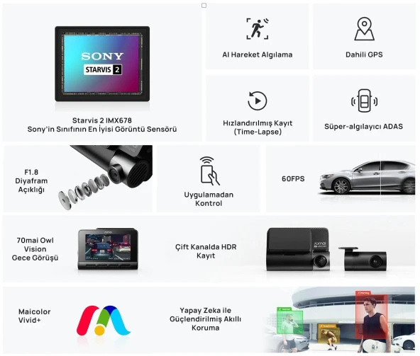 70mai A810 + RC12 Ön ve Arka Araç İçi Kamera Seti - 3