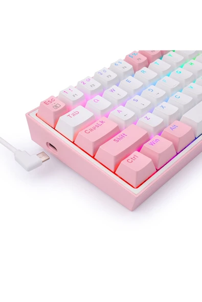 Redragon K617-RGB Fızz Rgb %60 Kablolu Mekanik Klavye, Türkçe, Red Switch, Beyaz/Pembe - 7