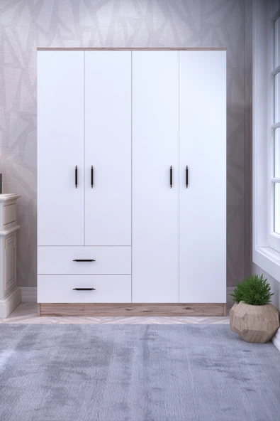 ABETE MOBİLYA 4 Kapılı 2 Çekmeceli 2 Askılıklı Gardırop (ELBİSE DOLABI -YÜKLÜK) / Atlantik Çam-beyaz - 2