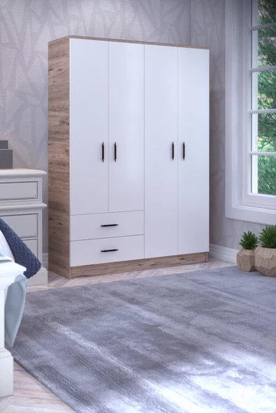 ABETE MOBİLYA 4 Kapılı 2 Çekmeceli 2 Askılıklı Gardırop (ELBİSE DOLABI -YÜKLÜK) / Atlantik Çam-beyaz