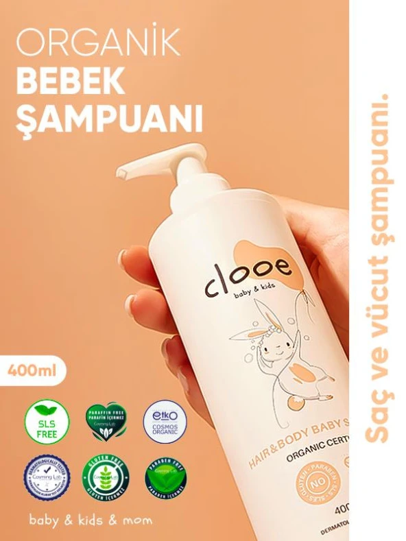 Clooe Organik Bebek & Çocuk Saç, Vücut Şampuanı (400ml) - pH Dengeli, Konak Önleyici