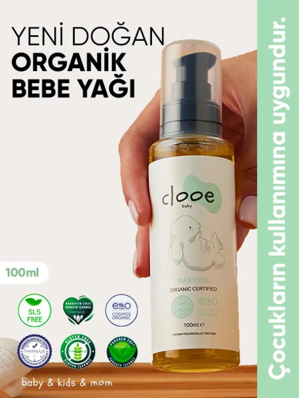 Clooe Organik Bebek Yağı (100ml) - Zeytinyağı, Badem Yağı, Jojoba Yağı - Yenidoğan Kullanımına Uygun