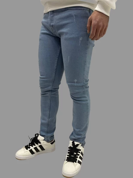 Erkek Dar Paça Desturalı New Buz Mavi Kot Pantolon - 2