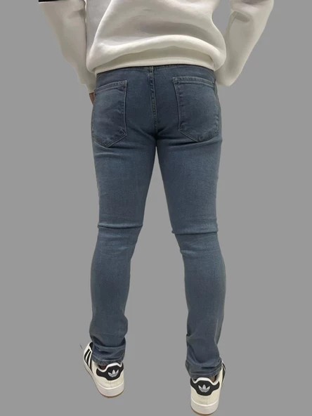 Erkek Dar Paça Desturalı New Toz Mavi Kot Pantolon - Resim 2