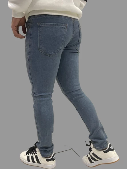 Erkek Dar Paça Desturalı New Toz Mavi Kot Pantolon - Resim 3