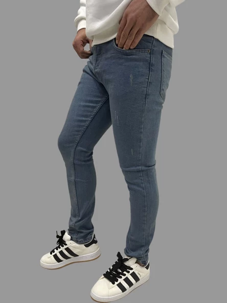 Erkek Dar Paça Desturalı New Toz Mavi Kot Pantolon - Resim 6