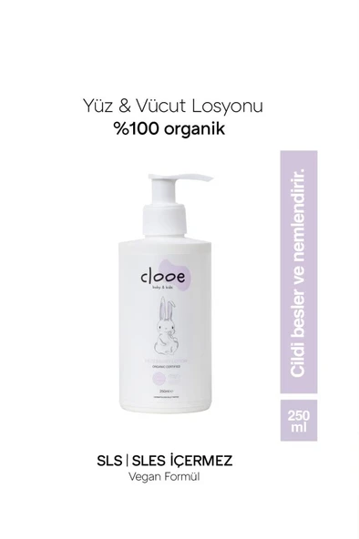 Clooe Organik Bebek Losyonu (250ml) - Argan Yağı, Zeytinyağı, Huş, Gül Suyu - Yenidoğan Kullanımına Uygun