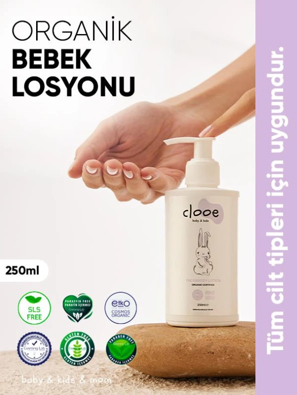 Clooe Organik Bebek Losyonu (250ml) - Argan Yağı, Zeytinyağı, Huş, Gül Suyu - Yenidoğan Kullanımına Uygun