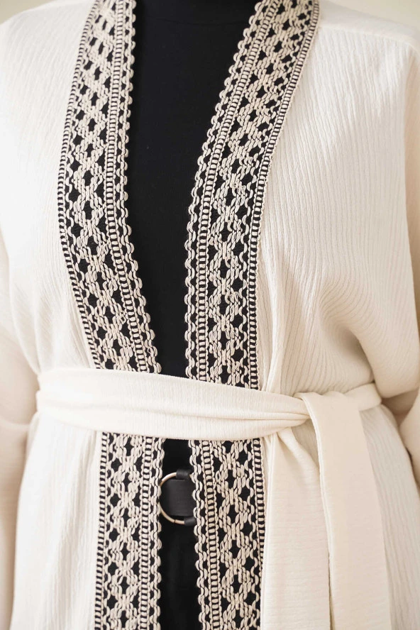 Kadın Nakışlı Örme Uzun Kimono Ekru - 4