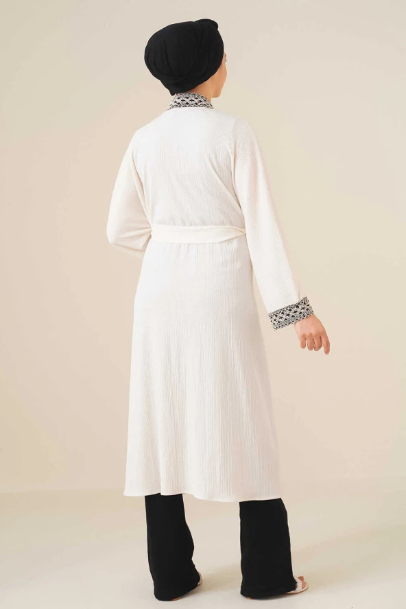 Kadın Nakışlı Örme Uzun Kimono Ekru - 5
