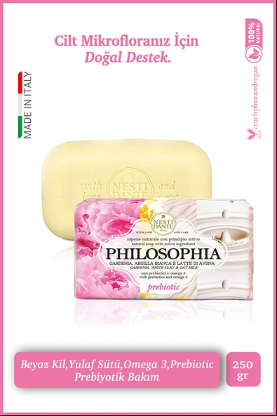 Nesti Dante Philosophia Prebiotic Katı Sabun 250 gr | Besleyici ve Nemlendirici |Beyaz Kil, Yulaf Sütü, Omega 3