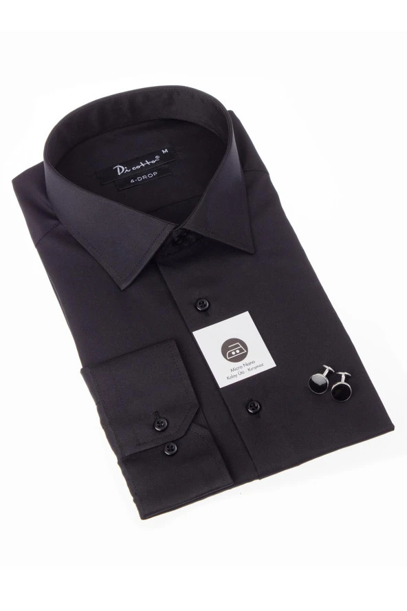 Siyah Ekstra Büyük Yaka 4 Drop Rahat Kesim Micro Kumaş Kol Düğmeli Regular Fit Erkek Gömlek - 189-6-DC24W