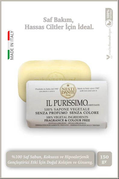 Nesti Dante Nesti Dante Il Purissimo %100 Saf Sabun Kokusuz Renksiz Hipoalerjenik Bakım 150 Gr ürün görseli