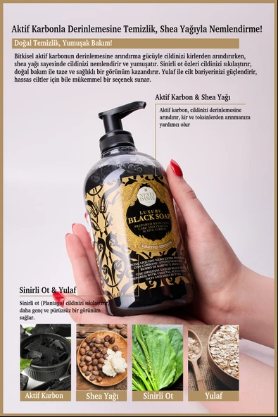 Nesti Dante Luxury Black Aktif Karbon Sıvı Sabun 500ml l Gözenek Arındırıcı l Shea Yağı,Sümbül, Yasemin Özü - 3