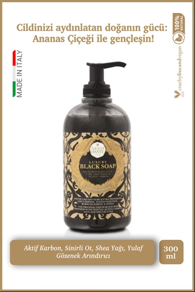 Nesti Dante Luxury Black Aktif Karbon Sıvı Sabun 500ml l Gözenek Arındırıcı l Shea Yağı,Sümbül, Yasemin Özü