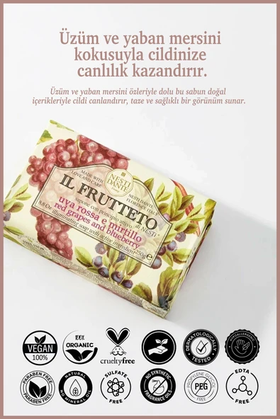 Nesti Dante Il Frutteto Red Grapes & Bluberry Katı Sabun 250gr | Canlandırıcı | Yaban Mersini Ve Üzüm Özü - Resim 2