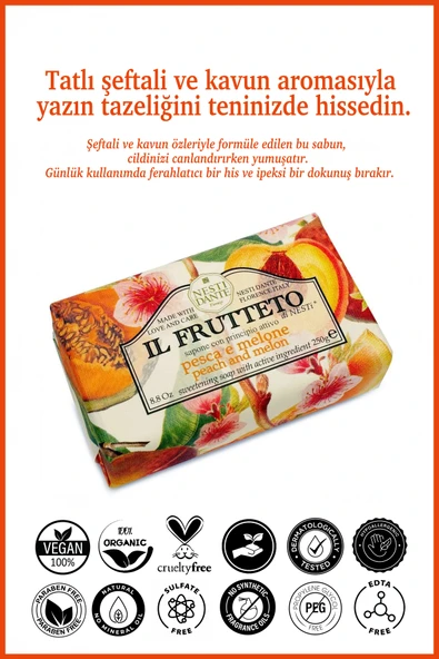 Nesti Dante Il Frutteto Peach & Melon Katı Sabun 250gr | Nemlendirici Ve Canlandırıcı | Şeftali Ve Kavun Özü - Resim 2