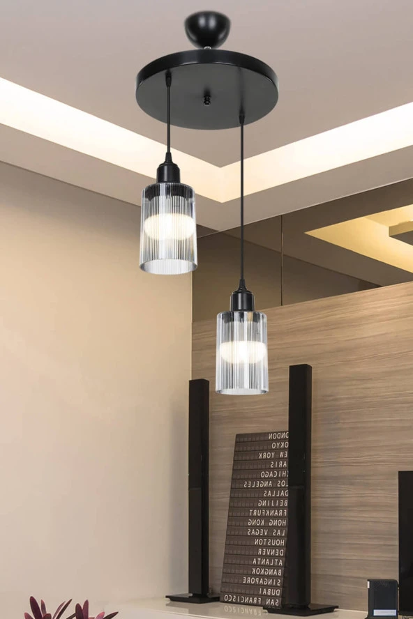 Modelight Aksel 2'li Avize Füme Optik Camlı Siyah